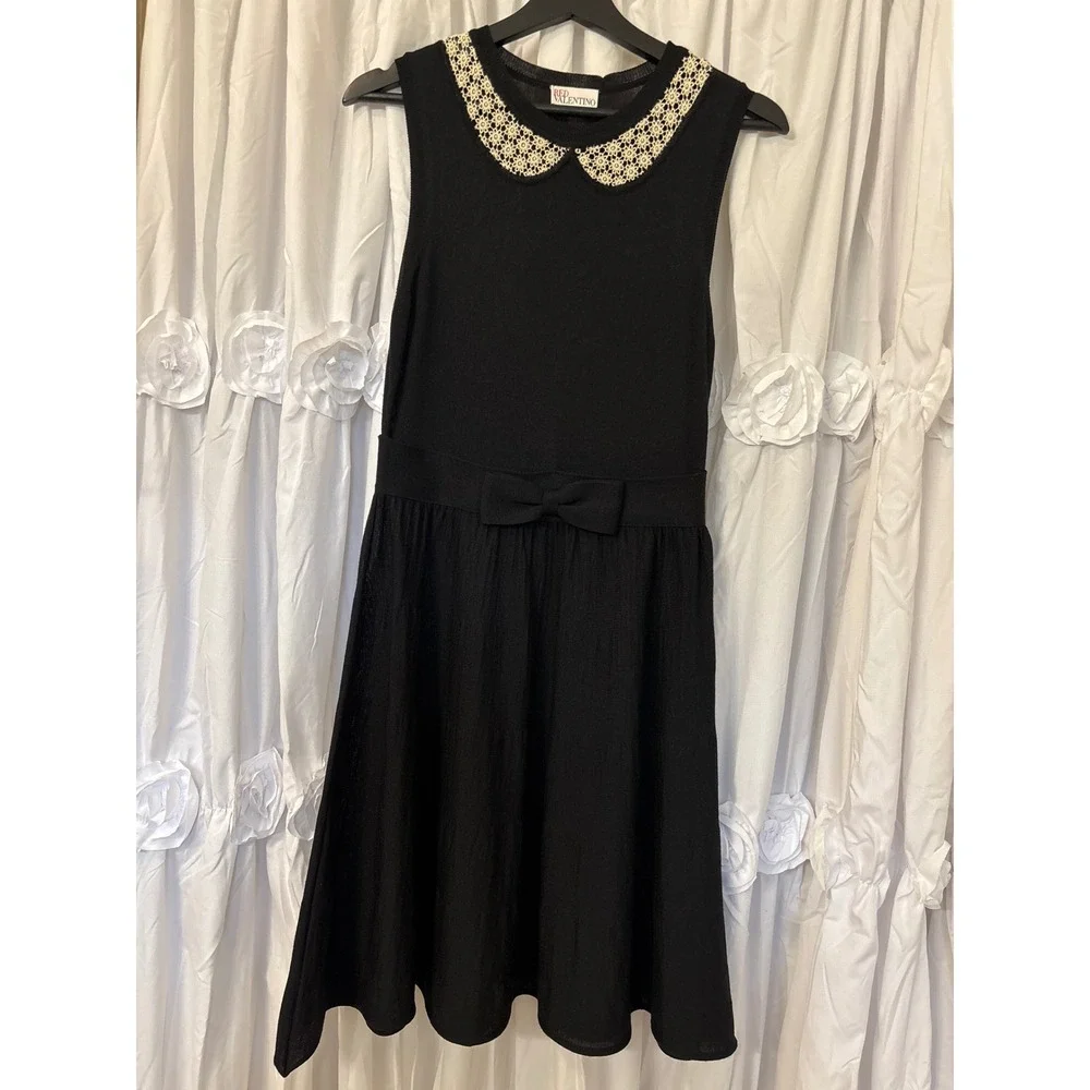 RED Valentino Black Knit Sleeveless Dress Lace Peter Pan Collar Bow Waist - Picture 1 of 11